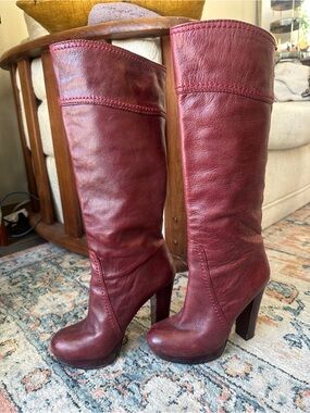 Vince Camuto Burgundy Leather Knee-High Heeled Boots